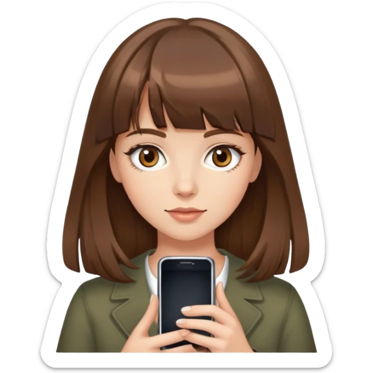 "A girl with brown hair and bangs, medium length hair, brown eyes, long eyelashes, holding a phone." sticker