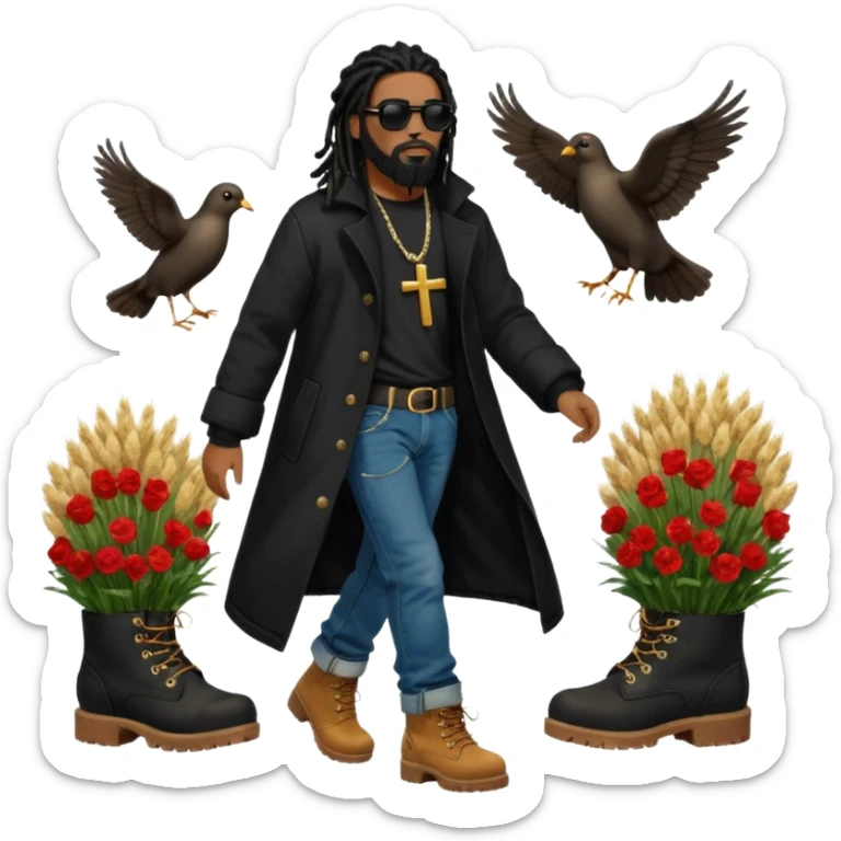 African American man with shoulder length black dreadlocks with black beard wearing black sunglasses wearing a black bubble winter coat wearing denim skinny jeans wearing wheat timberland boots walking with a dove and African American Jesus Christ behind him sticker