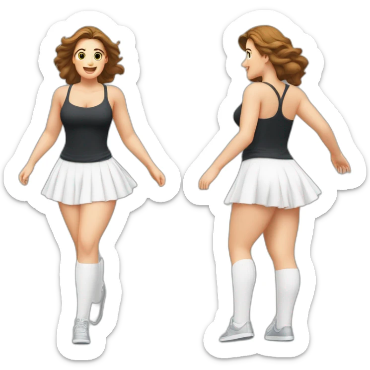 full-body-caucasian-curvy-beauty-jumping-short-black-skirt-back-and-front-views-strong-wind-white-knickers-long-white-socks sticker