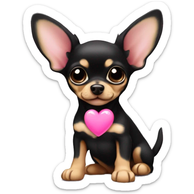 black & tan chihuahua puppy with a pink heart sticker