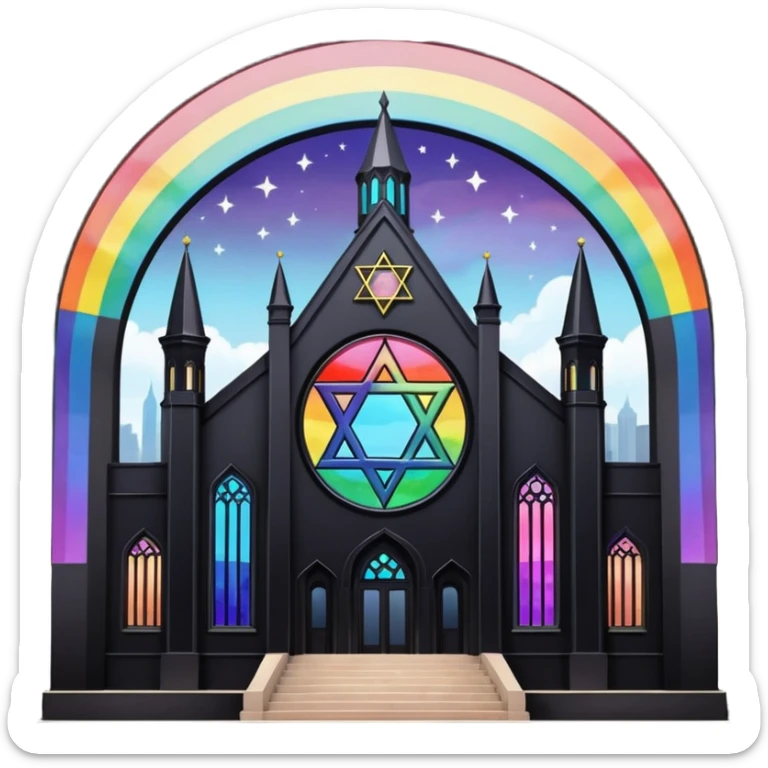 jewish synagogue temple in dark goth aesthetic style with black building and rainbow tint glass windows and star of david and celestial symbolism of peace and acceptance  sticker