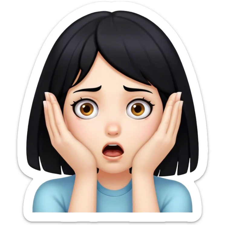 Shocked girl face with black hair and hands on face, big text saying "HELP" sticker