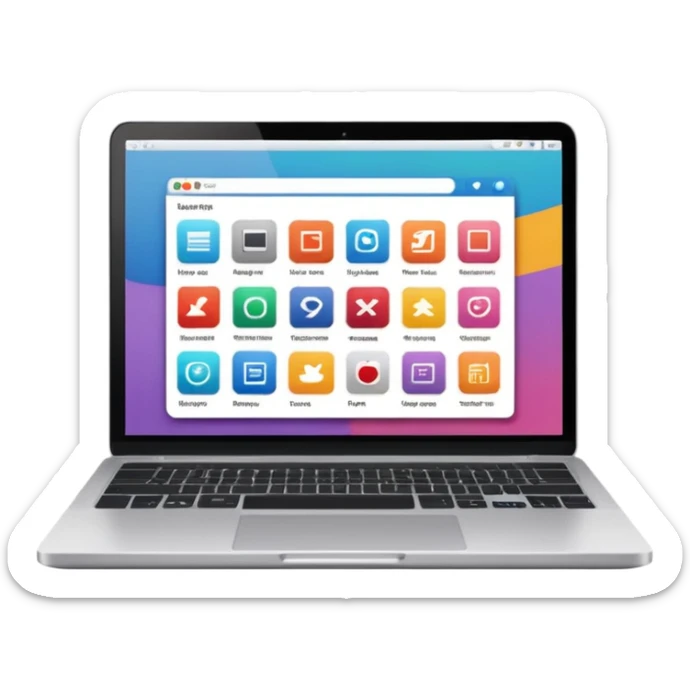 laptop emoji with website on screen organized in grid of colorful image blocks and text blocks, some images showing art or photography sticker