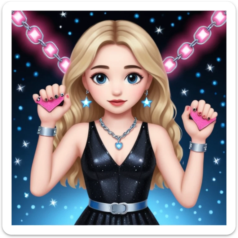 Sabrina carpenter at concert wearing a black sparkly dress with a silver sparkle v neck she is holding up pink handcuffs towards audience and kneeling, blue and red lights setting  sticker