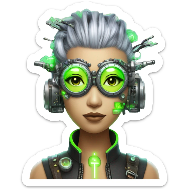 Neon green Mohawk hair Asian female cyborg head with silver steampunk goggles and circuits sticker