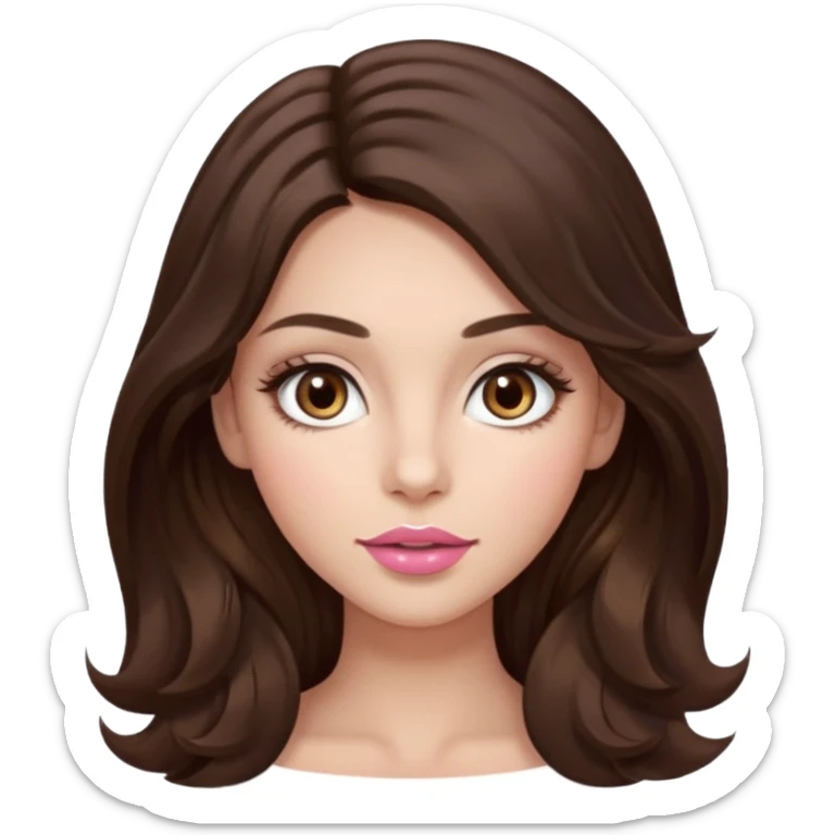 girl with wavy long dark brown hair, brown eyes, light to medium complexion, long lashes, almond shaped eyes, light pink lipstick, square shaped face sticker