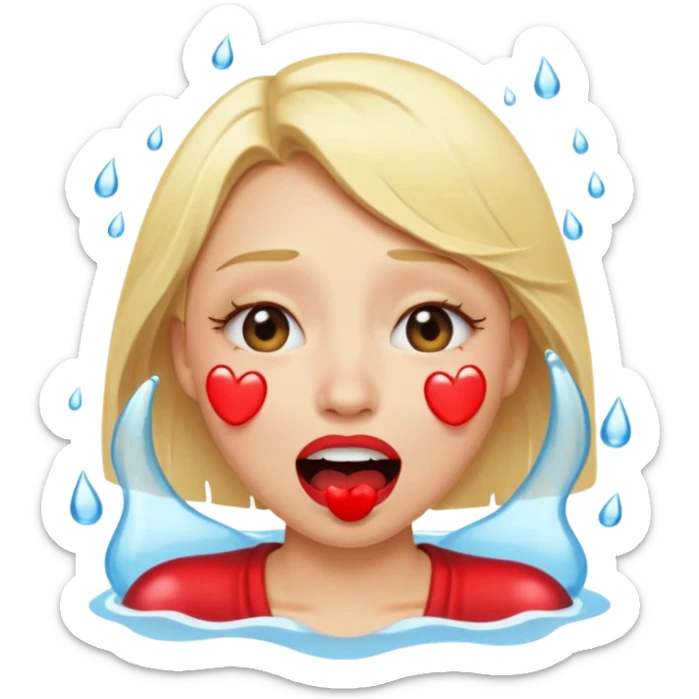 blonde having crying emoji tears (water-emoji) from hard laughter. really happy in general, happy eyes and open mouth. red lipstick sticker