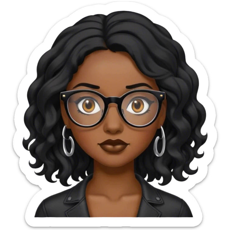 black female with long wavy black hair and black glasses with a eyebrow piercing  sticker