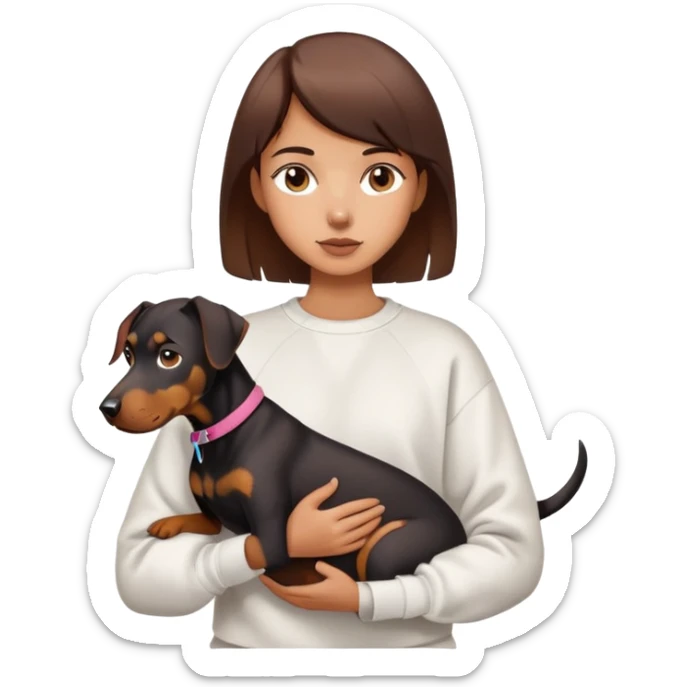 A short-haired girl in a white sweatshirt is holding a big Doberman dog sticker