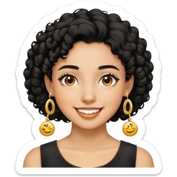 Girl showing happiness, medium skin tone, short curly black hair, gold earrings Minimal emoji showing happiness, medium skin tone, short curly black hair, gold earrings sticker