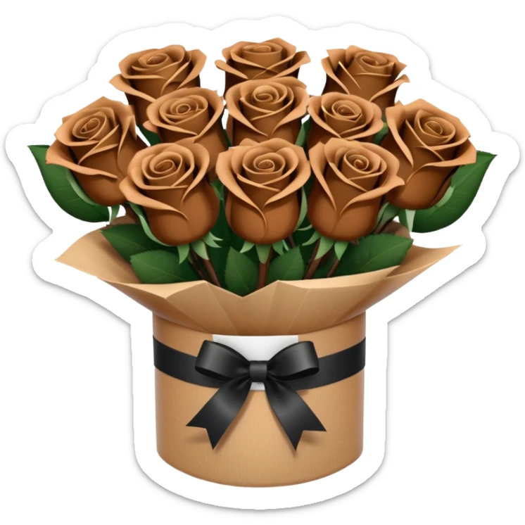 boquet of black n more brown roses in a paper package sticker