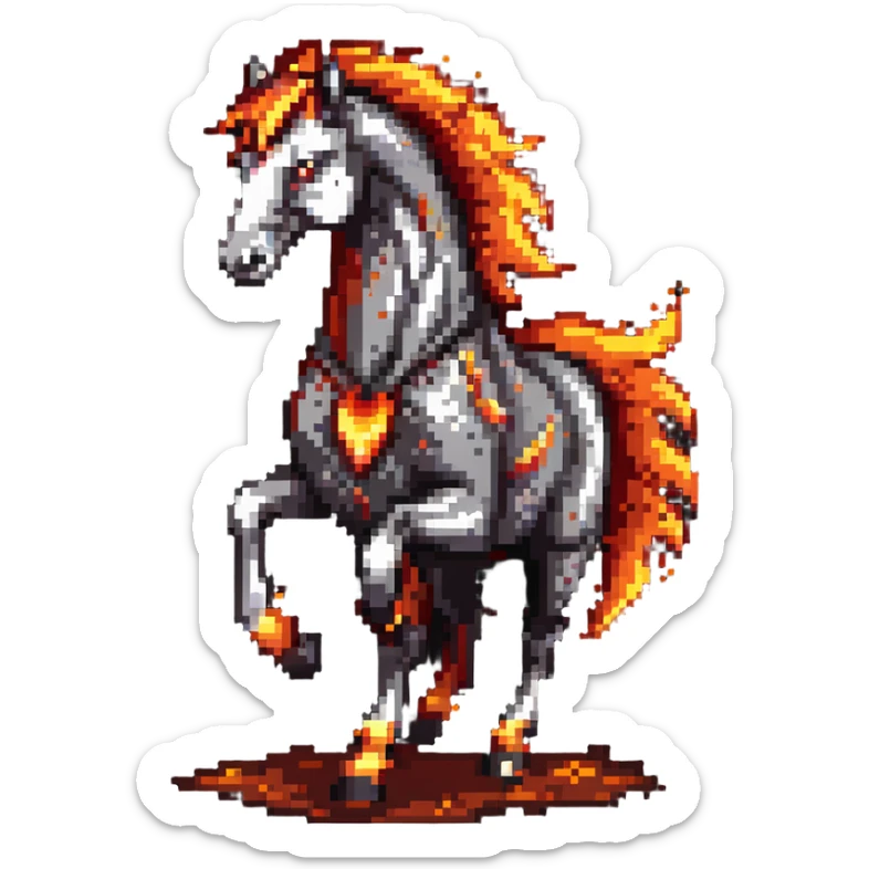 A fast-running fire horse made of embers, magma, and visible lava, with burning mane and ash particles sticker