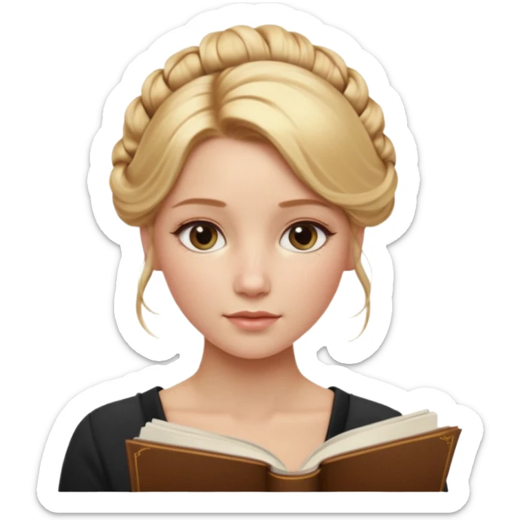 Cinematic Realistic Journal Portrait, depicted with lifelike skin texture, subtle rosy undertones, and soft natural lighting that enhances the gentle contours of her face. Her intricately detailed golden blonde hair is elegantly styled in an updo, sticker