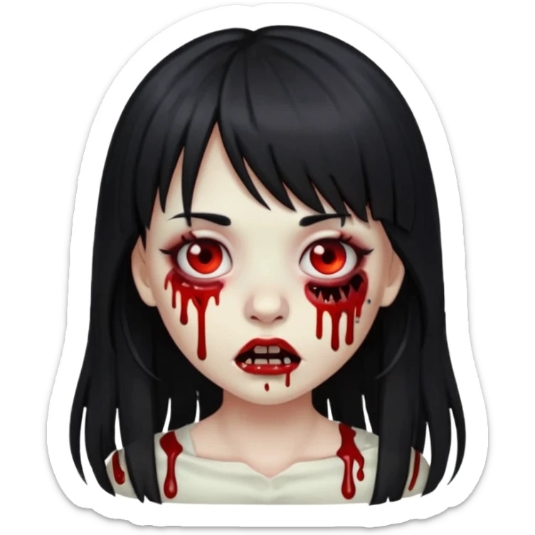 emoji de zumbi garota com franja piercing no nariz e sangue com o fundo preto cabelo grande e preto sticker
