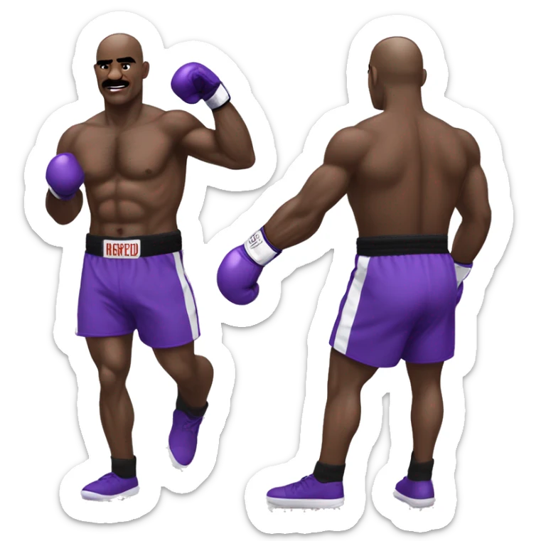 Evander Holyfield in his prime in boxing attire, purple shorts, with guard half up sticker