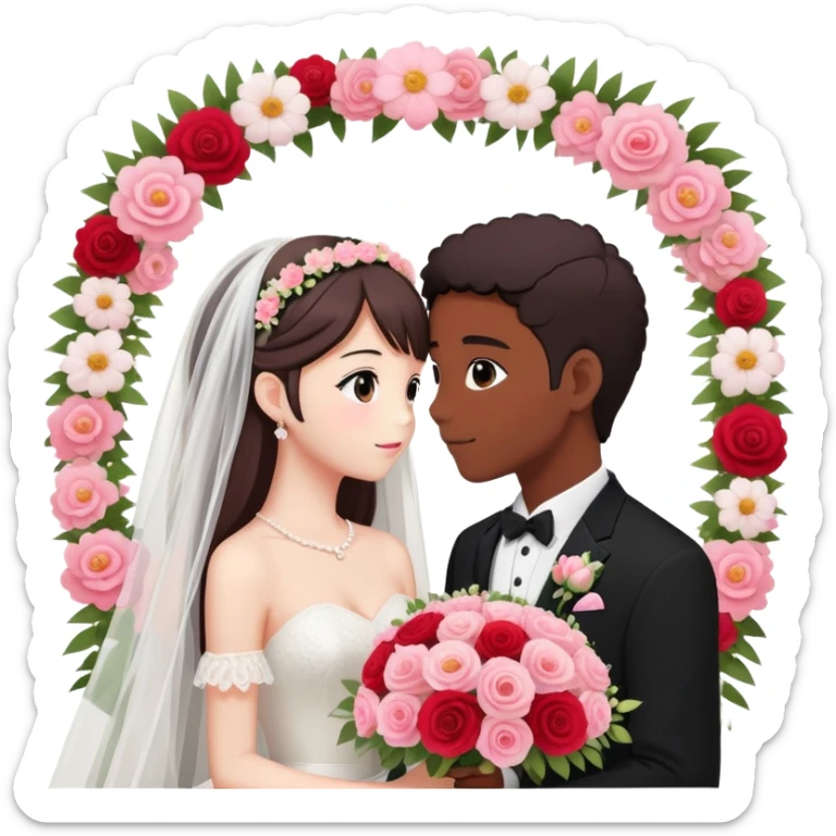 Beautiful romantic pastel lush anime Bride and groom couple getting married looking into each other’s eyes flowers  with warm colors pink, white black and red sticker