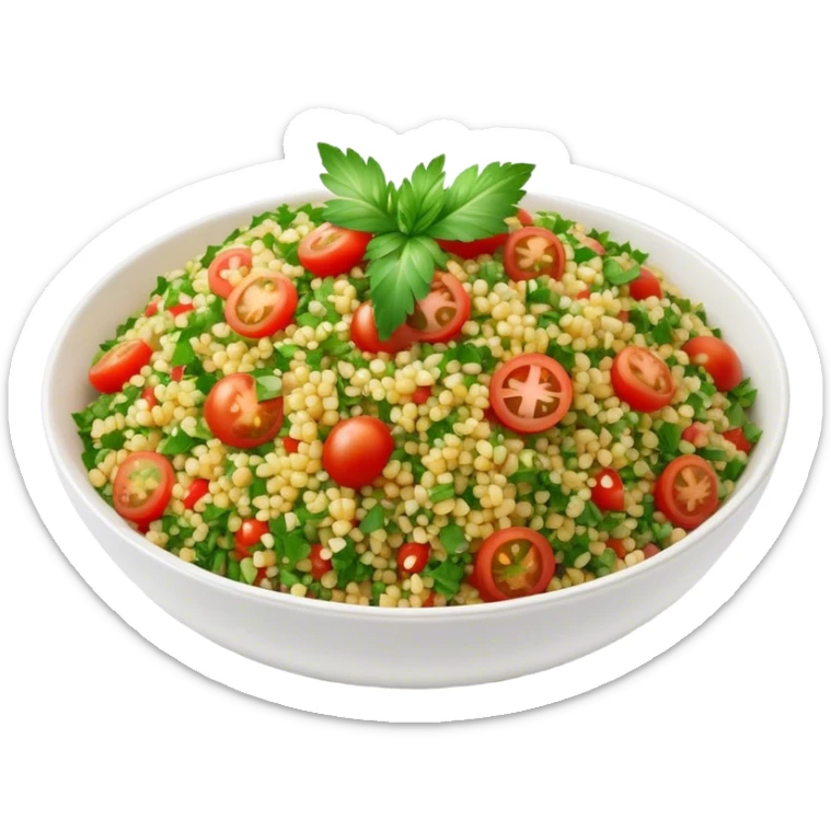 Cinematic Realistic Tabbouleh Salad Dish Emoji, showcasing a fresh herbaceous salad with bulgur, tomatoes, and parsley rendered with crisp textures and natural, vibrant lighting. sticker