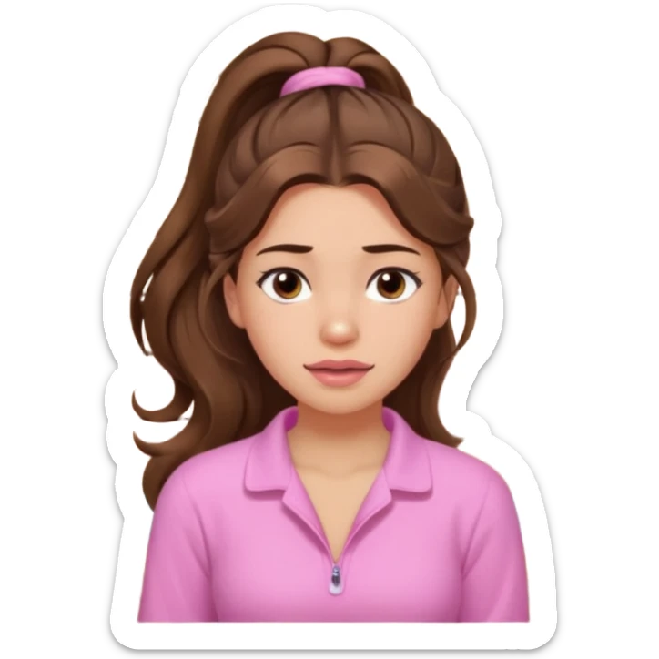 girl with wavy long ponytail brown hair, brown eyes, light to medium complexion, long lashes, light pink lipstick, wearing light pink shirt, in a sauna sticker