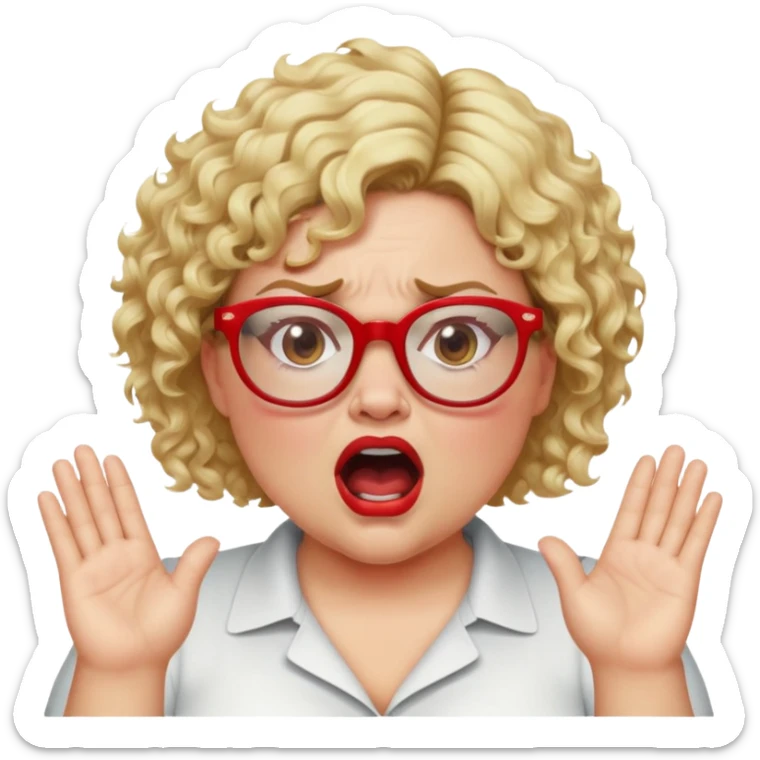 blonde woman with short curly hair, slightly overweight, wearing red-framed glasses, shouting with hands on sides of mouth, angry and proud expression sticker