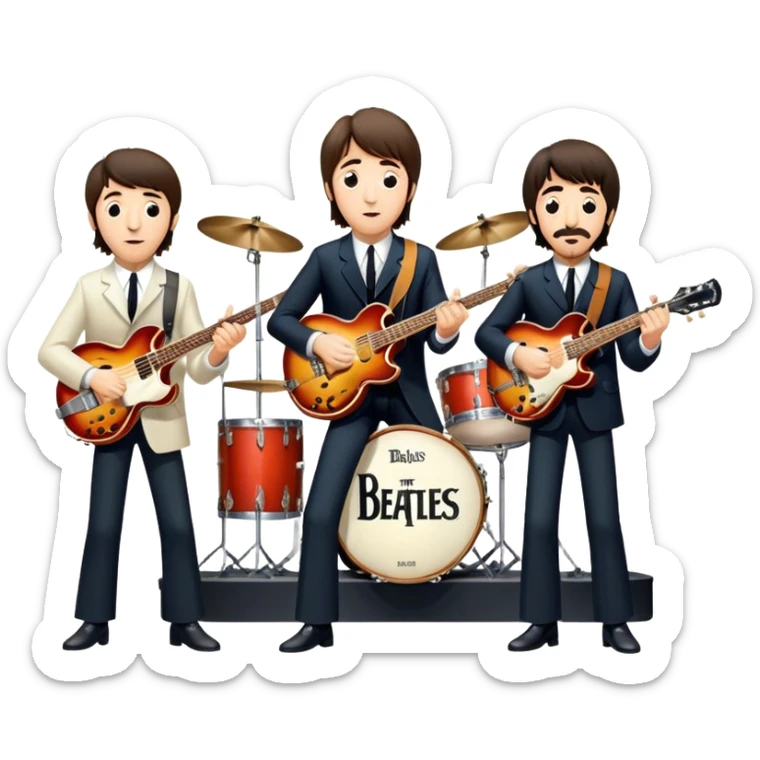 Rock music icon: The Beatles performing live on stage. John Lennon with guitar, Paul McCartney with bass, George Harrison with guitar, Ringo Starr on drums. Bright lights, energetic performance. Transparent background. sticker