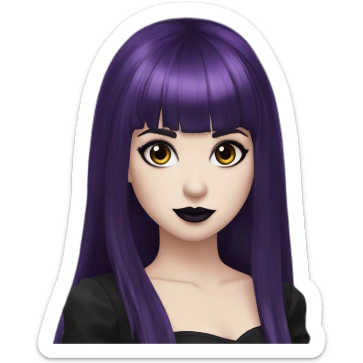 Elissabat-with-bangs-long-hair-dark-purple-and-black-vampire-goth-makeup-pinkeyes-romanticgothcloses sticker