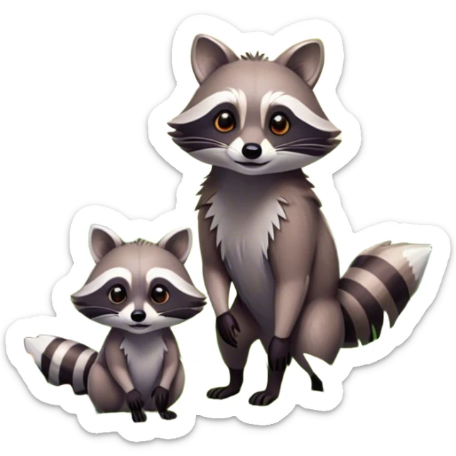Collage of a raccoon and a fox, in close-up, set in a beautiful forest with tall trees, green bushes, and sunlight filtering through the leaves and flowers. A vibrant, wild atmosphere with a transparent background. sticker