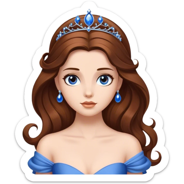 Cinematic Elegant Belle Portrait Emoji, rendered in a realistic, vector-style with minimal shading and bold, simplified shapes. Depict Belle (chest and above) with fair, luminous skin, deep brown expressive eyes, and long, flowing chestnut hair styled elegantly, wearing her classic blue ball gown. The image glows with a soft, warm radiance and high shine, capturing timeless refined beauty. sticker