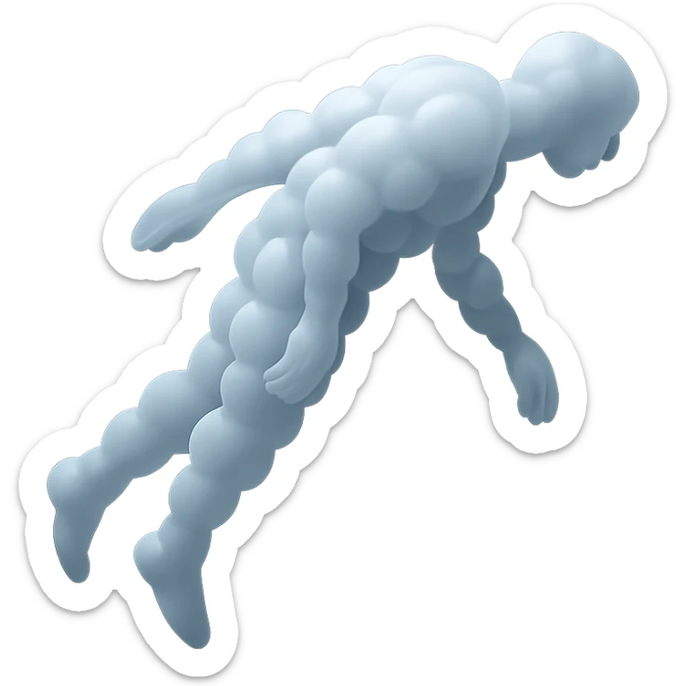 side view of unconscious person flying upwards by torso, legs and arms downwards, made of small very bright white fluffy convex clouds, matte glass style sticker