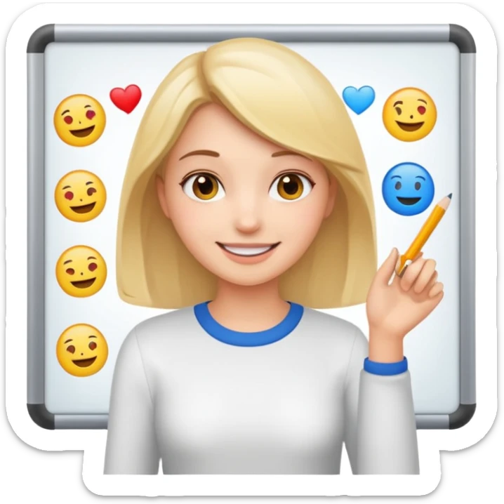 Make an emoji of a girl who is teaching how to make emojis on a board sticker