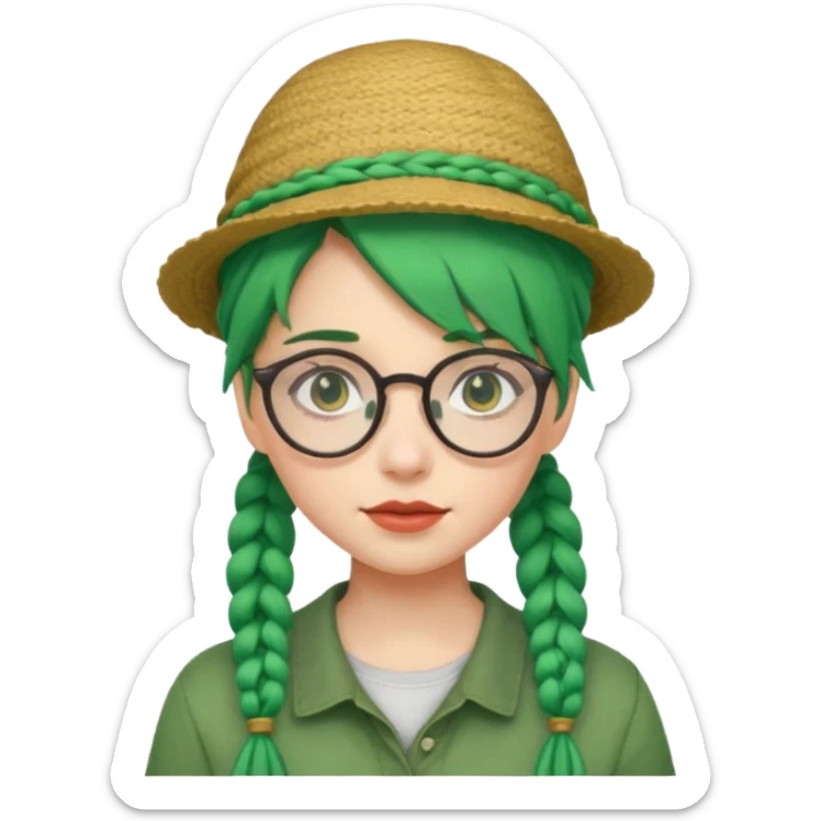girl with green hairs, braids and spectacle and hat sticker