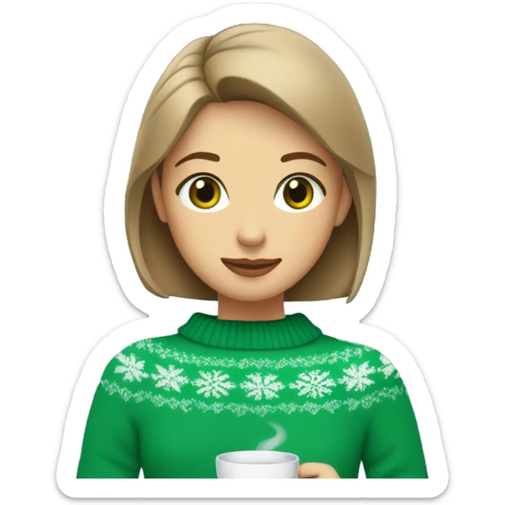 Light brown short haired girl with green eyes drinking coffee wearing blue Christmas sweater sticker