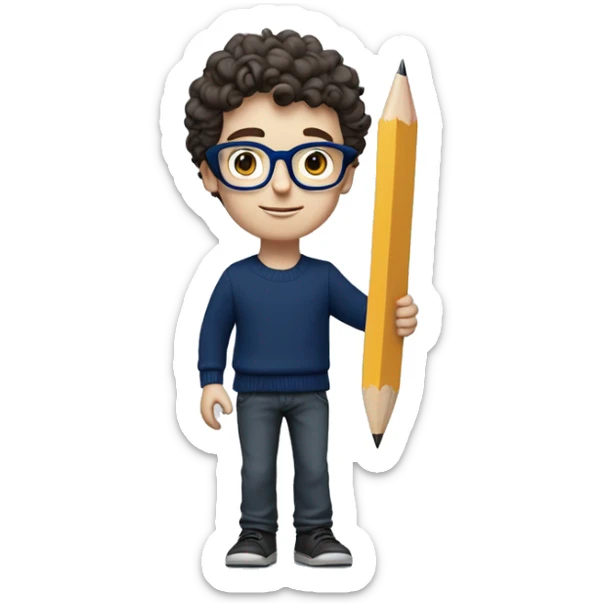 caucasian white boy with dark wavy  hair, blue glasses, and carrying design paper plan because he is an architect carrying a pencil and a set model maquette. wearing a navy blue long sleeve sweater shirt. smart.  sticker