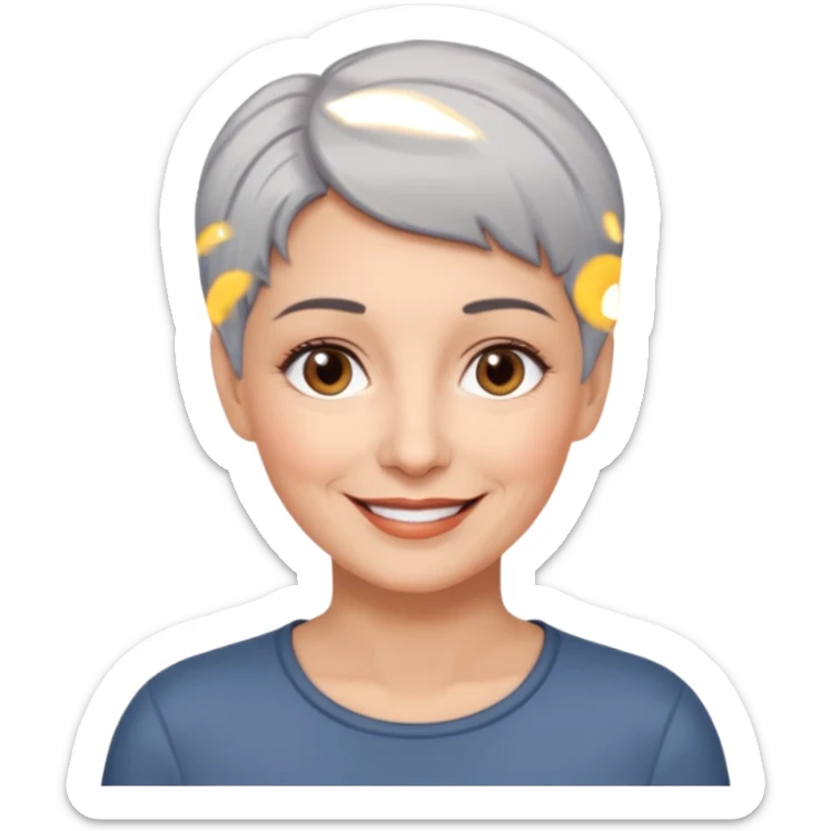 woman 50 years old, very short grey hair brown eyes smile sticker