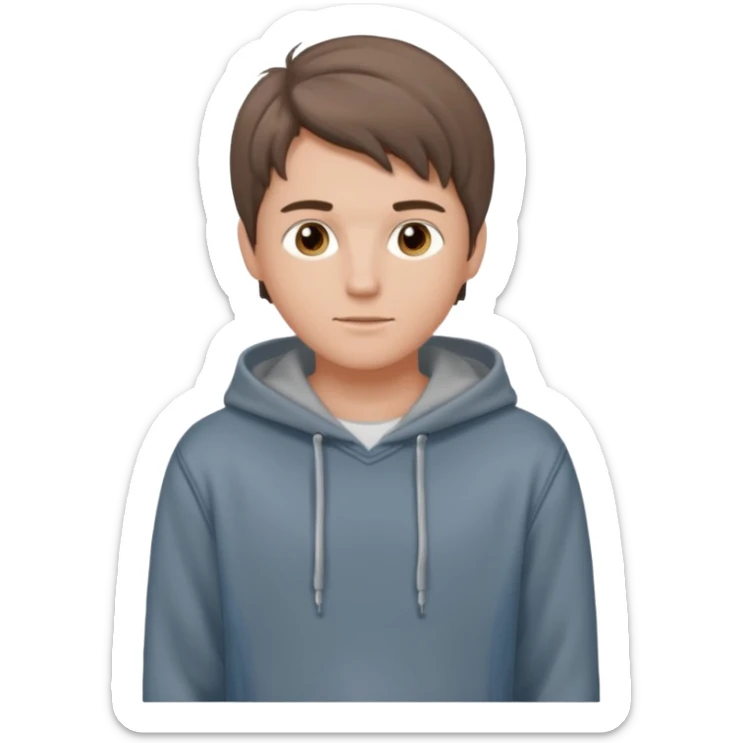 Handsome boy (fair-skinned) who has dressed up. He is wearing jeans and a gray hoodie, with a middle part hairstyle, and his hair color is brown. sticker