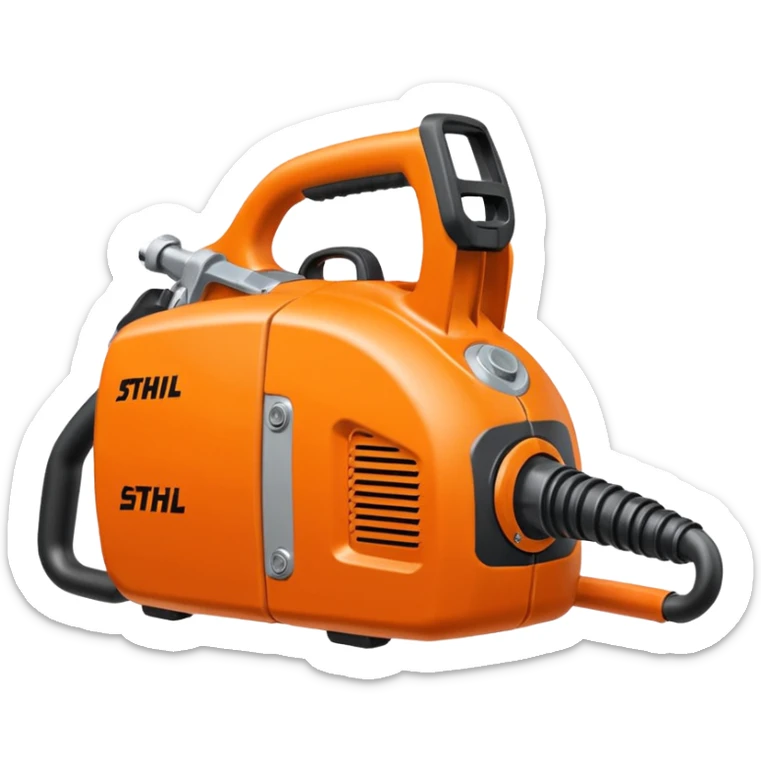 Motorsäge vom STIHL mit grauem Gehäuse, orangenem Deckel und schwarzen Griffen sticker