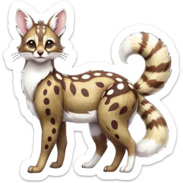Colorful dark realistic chocolate-brown tropical beige fur glorious divine exotic cute cool beautiful shiny beautiful fantasy-Furret-Eevee-caracal-civet-genet-sergal-vernid-Cacomistle-oncilla-animal-Fakémon-hybrid-fursona with white deer-spots pattern markings (full body) sticker