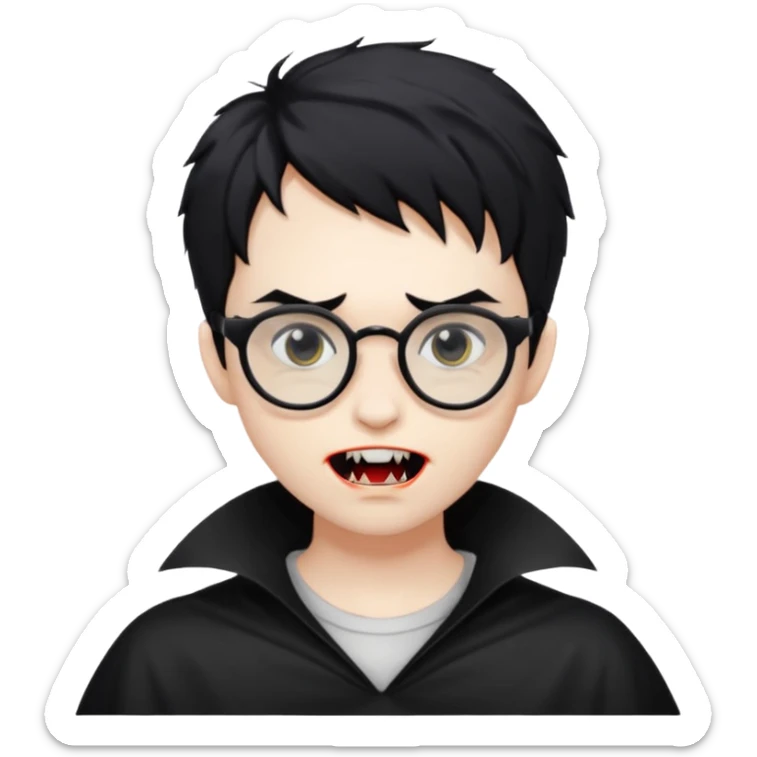 Cabelo bagunçado meio pequeno preto com cor de pele branco parecendo um vampiro e com oculos sticker