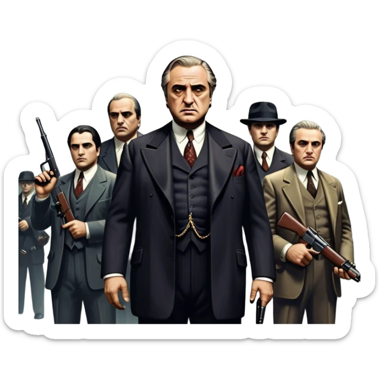 A vintage movie poster-style design featuring Don Vito Corleone surrounded by gangsters with Tommy guns. Include a dark, moody noir atmosphere with skyscrapers of New York in the background. The scene should be tense and mysterious, with a retro cinematic feel. Transparent background. sticker