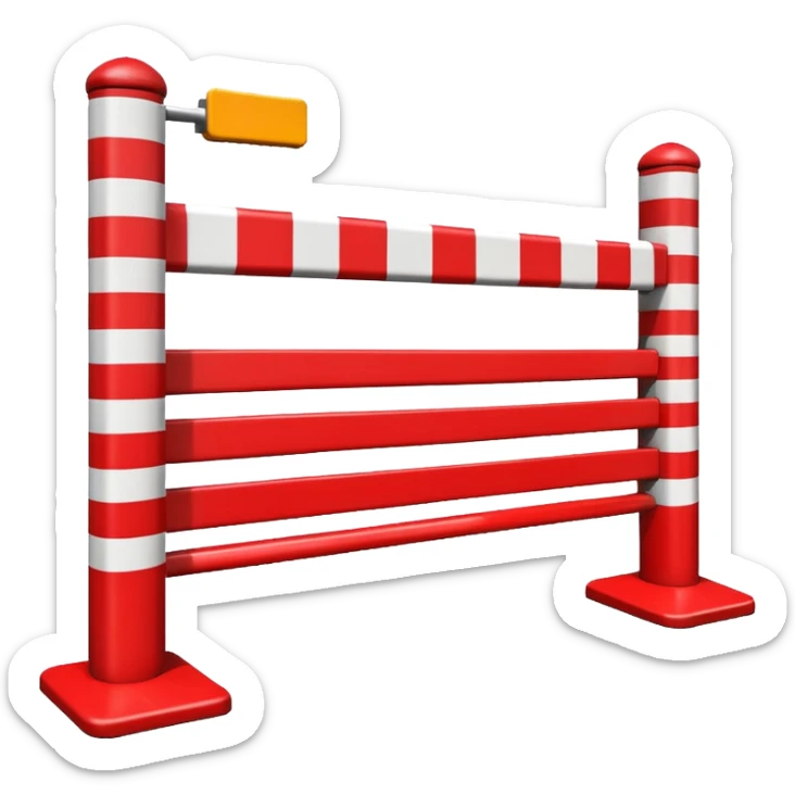 Flat emoji-style icon of a parking barrier gate (boom barrier).
Red and white striped horizontal arm, raised at a slight angle.
Simple geometric shapes, clean vector design.
No text, no background, transparent or plain background.
Bright colors, high contrast.
Centered object, minimal details. sticker