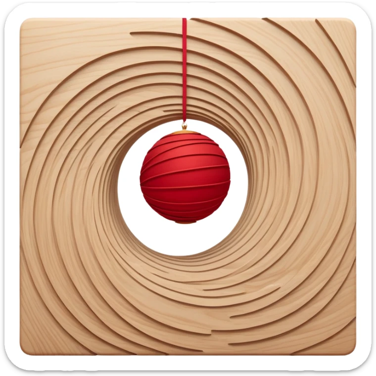 Floating abstract layers of wood grain, red fabric, and sketched lines suspended in motion, gently orbiting a glowing red core of creative intent. sticker
