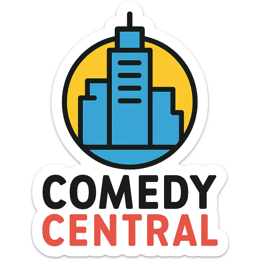 Comedy Central logo, color-outlined icon, playful yet professional, touch of yellow, outlined in black sticker