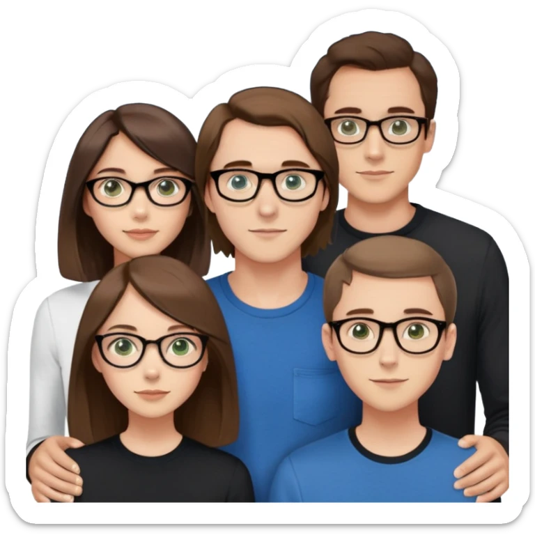 Three friends, one with long chest-length hair, blue eyes, a high forehead, brown hair, a guy. The second friend is shorter, black-rimmed glasses, short bob, nerd, girl, green eyes. The third friend is even shorter, brown eyes, just a brown bob and glasses in a beautiful curved frame.  sticker