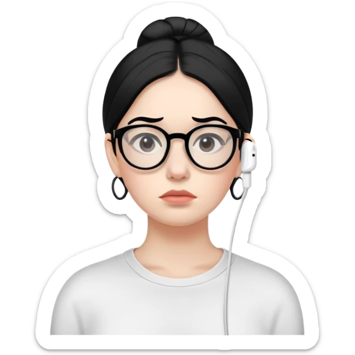 "- Nữ
- 30 tuổi
- Da trắng
- Tóc đen
- Đeo kính, đeo airpod
- Mặt buồn
" sticker