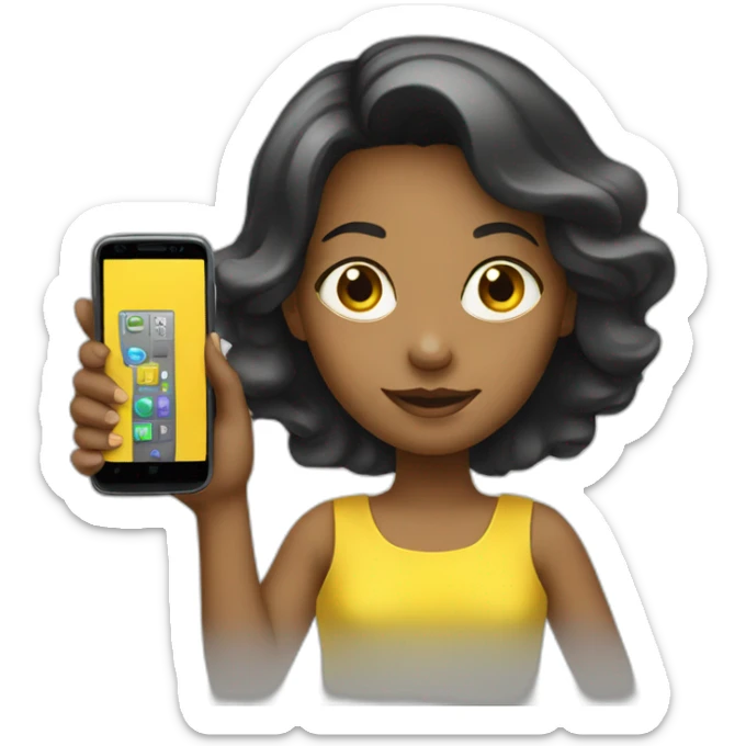 a girl in a yellow dress holding a cell phone sticker
