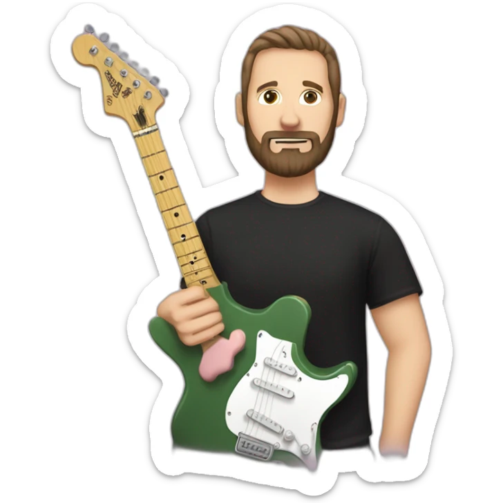 white man with dark beard and black t shirt and pastel pink stratocaster electric guitar sticker