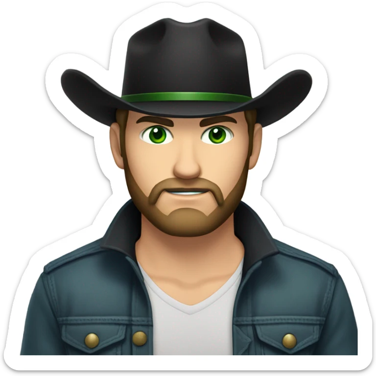 Caucasian male with green eyes, a dark beard with a black western hat with short hair sticker