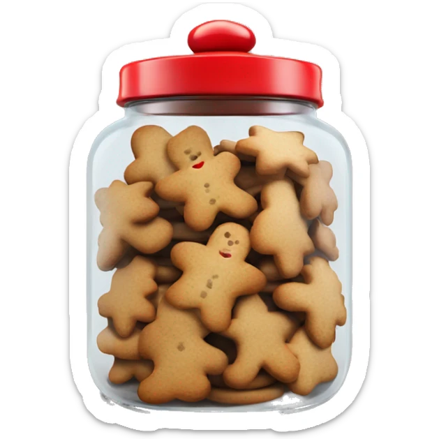 Realistic glass cookie jar with red lid full of gingerbread cookies isolated. sticker