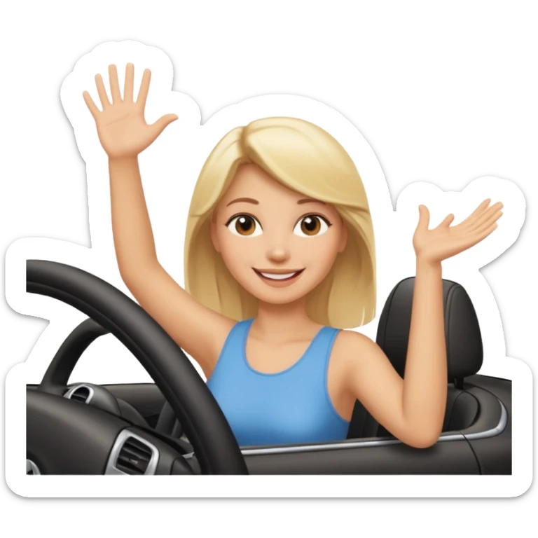 blonde woman driving car. one hand up Happy face confidence sticker