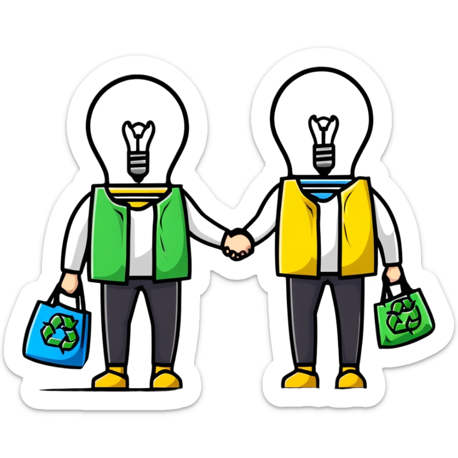 a lightbulb and a battery holding hands, each with recycling bags, walking to recycle sticker