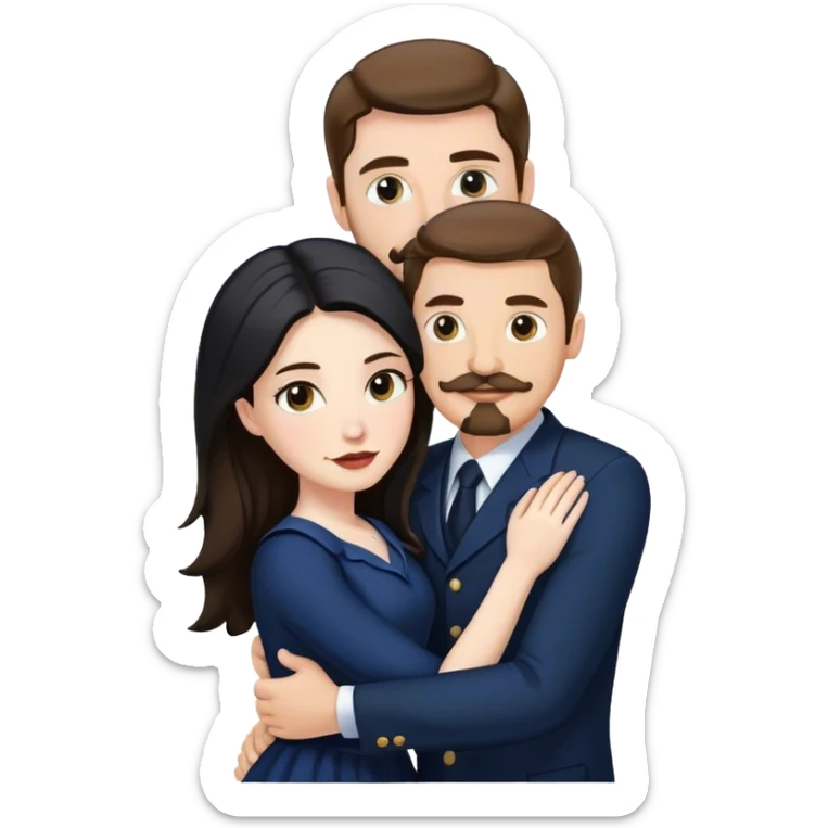 tall white man with brown hair goatee mustache hugging a pale woman with long black hair, wearing navy formal clothing sticker
